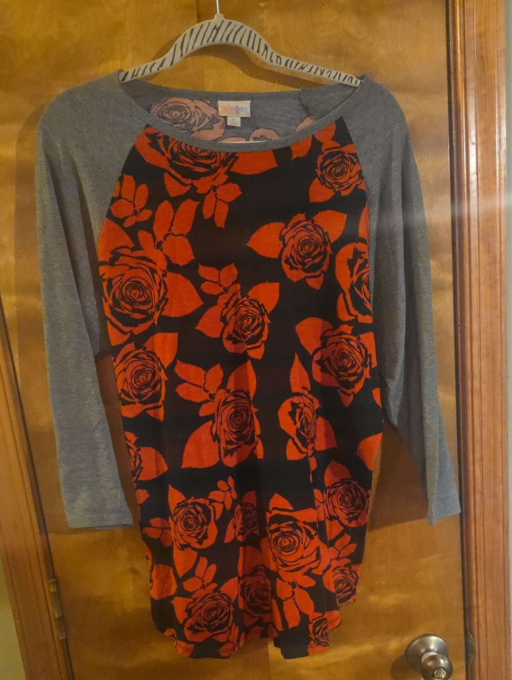 LuLaRoe Black Dress with Red Rose Print and Gray Raglan Sleeves